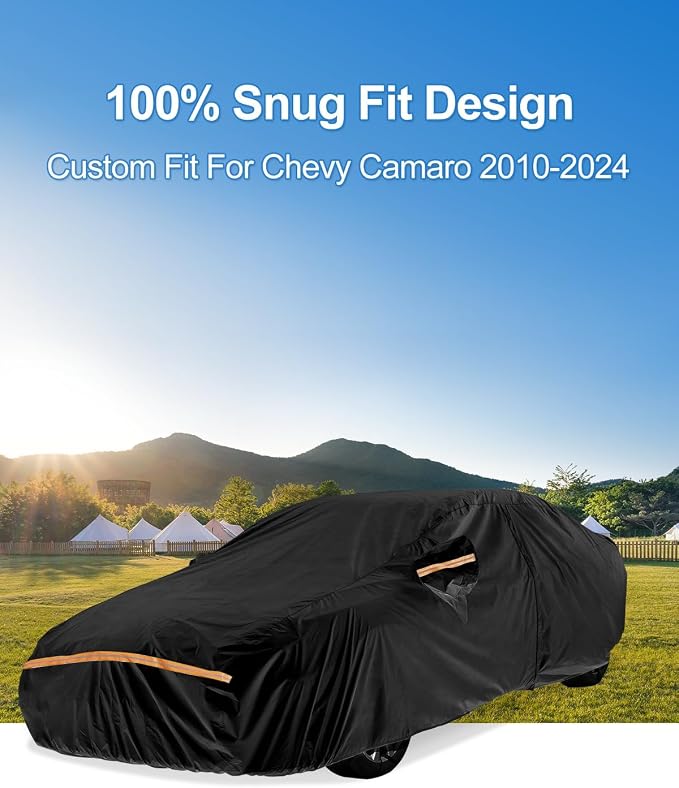 Car Cover Waterproof All Weather Custom Fit for Chevy Camaro 2010-2025, Heavy Duty Outdoor Full Exterior Cover for Automobiles, Sun Rain UV Dust Snow Protection with Door Zipper-Black