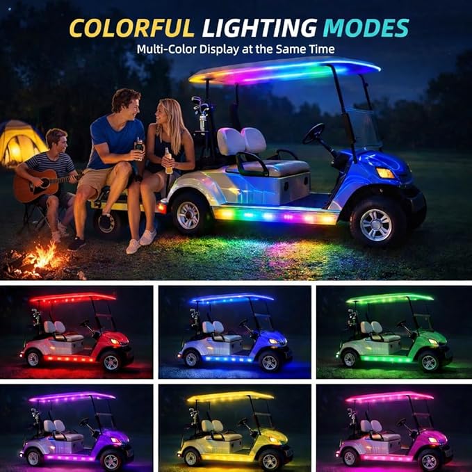 Battery Powered RGB+IC Dream Color Chasing Golf Cart Canopy Roof Lights with Remote, 2 Pack 6.56FT IP68 Waterproof Addressable Golf Cart Underglow Light Strip for EZGO Yamaha Club, Boat, Easy Install