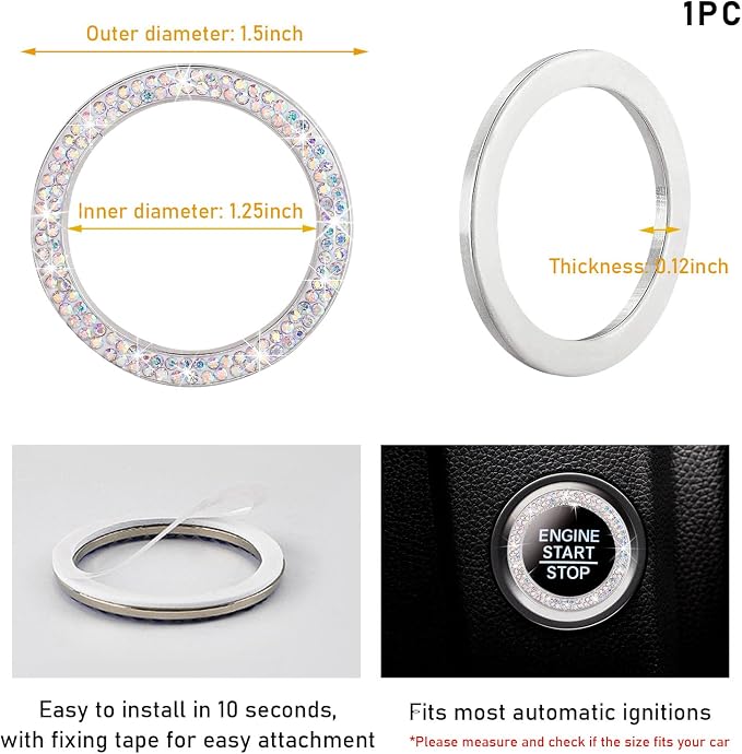 Kewucn Bling Crystal Double Rhinestone Car Engine Start Decoration Ring, Sparkling Push Start Button Sticker, Key Ignition & Knob Ring Decoration, Bling Car Interior Accessory(AB)