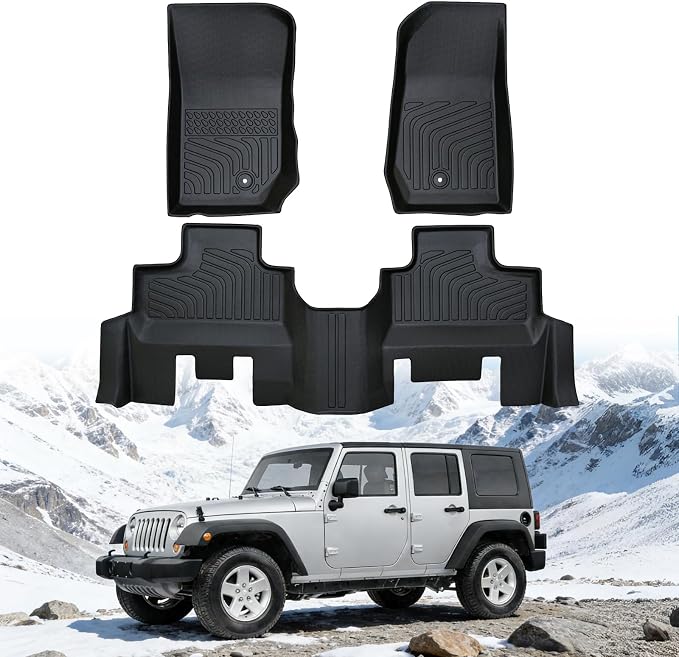 Floor Mats for Jeep Wrangler JK Unlimited 4 Door 2007-2013 | (Not for 4XE, JL or 2 Door), Custom Heavy Duty TPE All Weather Protection, Waterproof Non-Slip Black (Two-Row Floor Mats)