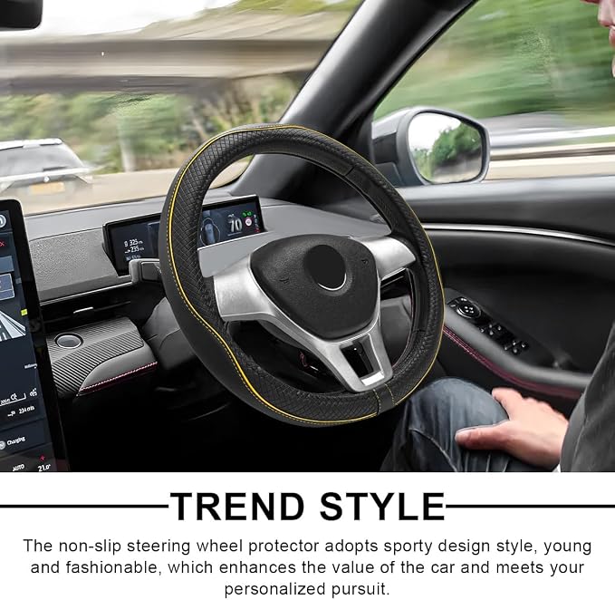 Car Steering Wheel Cover, 15 Inch Anti-Slip Breathable Leather Auto Steering Wheel Protector, Full Surround Soft Steering Wheel Cover for Men Women, Car Interior Accessories (Black & Yellow)