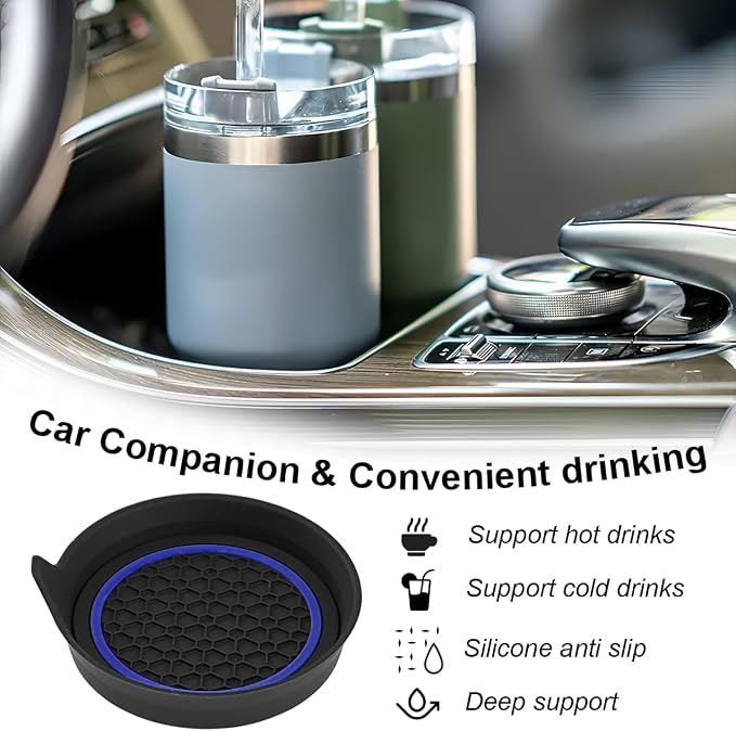 HZEL Car Cup Holder Coasters, 4PCS Non Slip Waterproof Vehicle Water Bottle Pads, Recessed Automotive Interior Drink Mat Decoration Accessories, Universal for SUV Sedan Truck (Blue/Black)