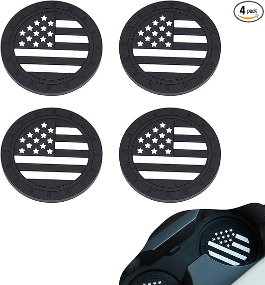 4 PCS American Flag Car Cup Holder Coasters, Non-Slip Insert Car Cup Coasters, Waterproof Drink Mat Automotive Interior Accessories, Universal for Vehicles, Trucks, SVUs (Black)
