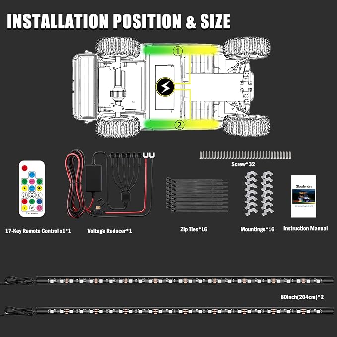 2PCS Golf Cart Underglow LED Light Kit with Built-in 12V-80V Voltage Reducer, APP & Remote Control, Sound Active Music Sync, IP67 Waterproof, Battery Drain Protect, for EZGO Yamaha Club Car