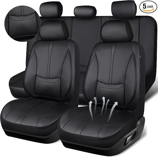 CAR PASS Nappa Leather Car Seat Covers Full Set, Water Resistant 3D Foam Faux Leather Seat Covers with Lumbar Support, Automotive Seat Covers 5 Seats Comfort & Universal Fit for Cars SUV Truck, Black
