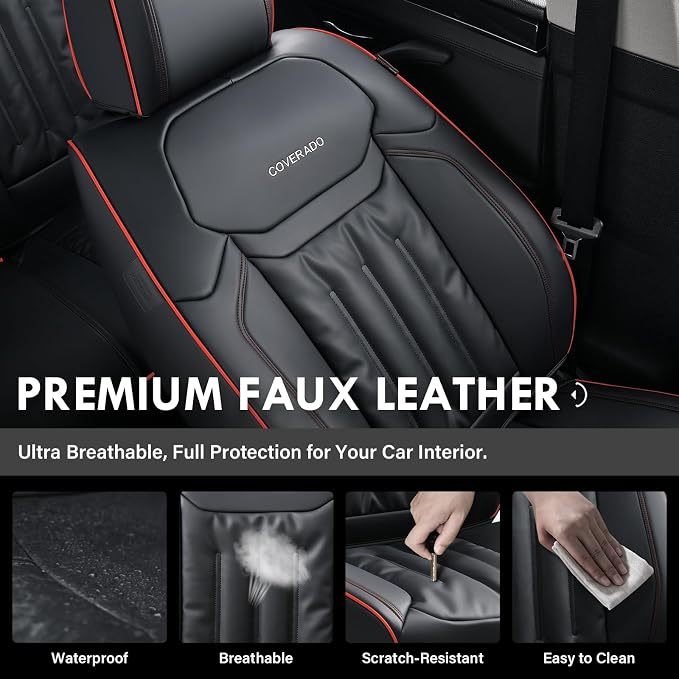 Coverado Car Seat Covers, Nappa Leather Waterproof Seat Cover, Car Seat Protector, Automotive Seat Covers Universal Fit for Most Cars, (Front, Black&Red Line)