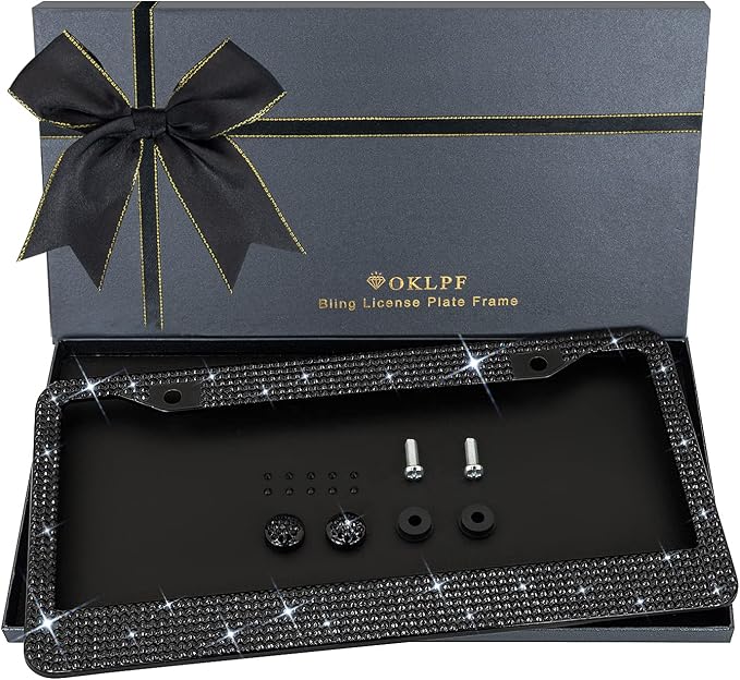Bling License Plate Frame for Women, Sparkly Stainless Steel License Plate Frames| Over 1200 pcs 14 Facets Bedazzled Clear Glass Rhinestone Crystals w/Free Glitter Diamond 1PCS Box (Black)