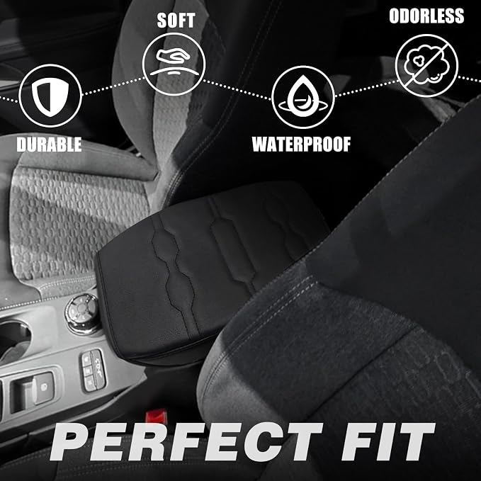 Muslogy Center Console Armrest Cover Fit for Ford Ranger 2024 2025 2026 Accessories, Comfort Armrest Pad Console Lid Cushion Vegan Leather Regular Thick (Black/Black Trim)