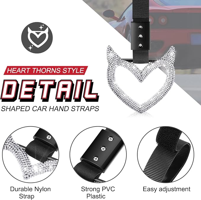 Fabbay Bling Car Accessories Bling Heart Handle Ring Car Accessory for Women Heart Hand Strap Drift Charm Rear Bumper Warning Ring Decor for auto Bus Interior Exterior Decoration(White,Devil Style)