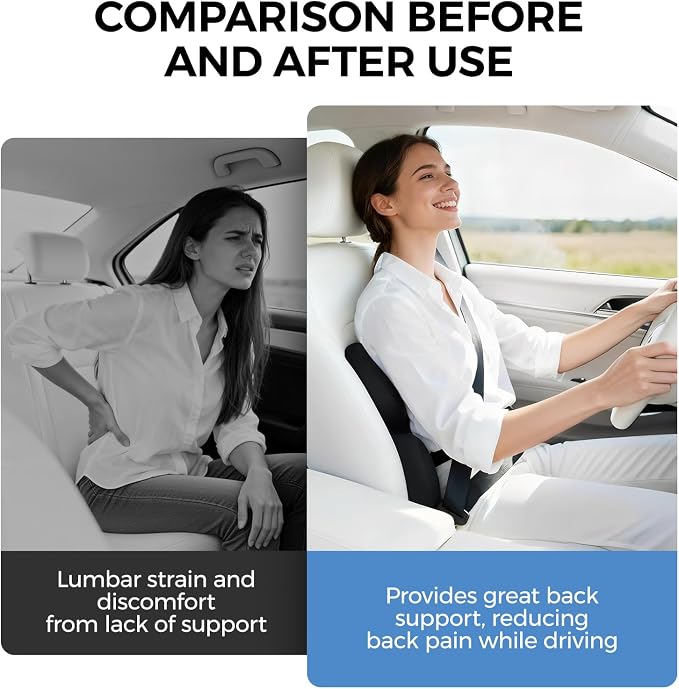 BEBAS Ergonomic Memory Foam Lumbar Support Pillow for Car, Black | Zoned Pressure Relief for Back Support, Lumbar Cushion with Fixed Ring, Breathable Washable Cover, Fits for Driving & Office