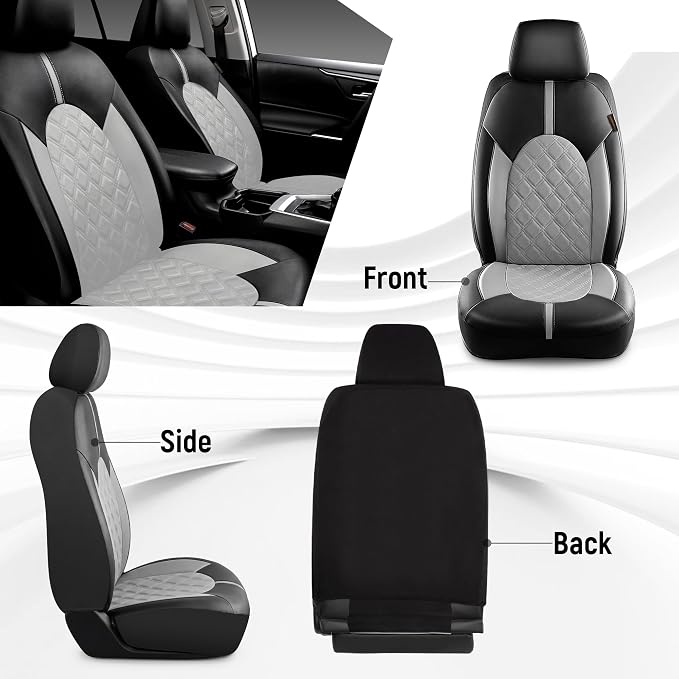 CAROMOP Luxury PU Leather Car Seat Covers Front Set, Anti-Stain Waterproof Automotive Seat Covers for Cars, Universal Car Interior Covers Seat Protectors for SUVs Pick-up Trucks(Dove Gray)