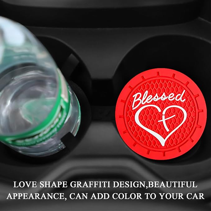 KVAEY 2 PCS Car Cup Holder Coasters, 2.76 Inch Anti Slip Vehicle Drink Mats with Cute Blessed Cross and Heart, Shockproof, Universal Car Accessories (Red, 4 PCS)