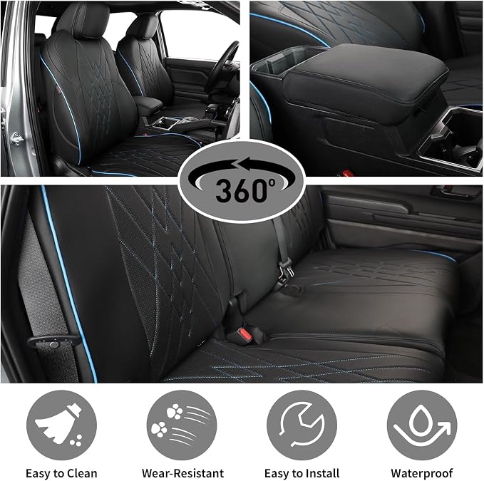 EKR Tacoma Seat Covers Custom Fit for Toyota Tacoma (Only For Hybrid)2024 2025 2026 Double cab TRD Sport/TRD Off-Road/Limited/Trailhunter -Truck Seat Cover Full Set,Faux Leather (Black with Blue Trim)