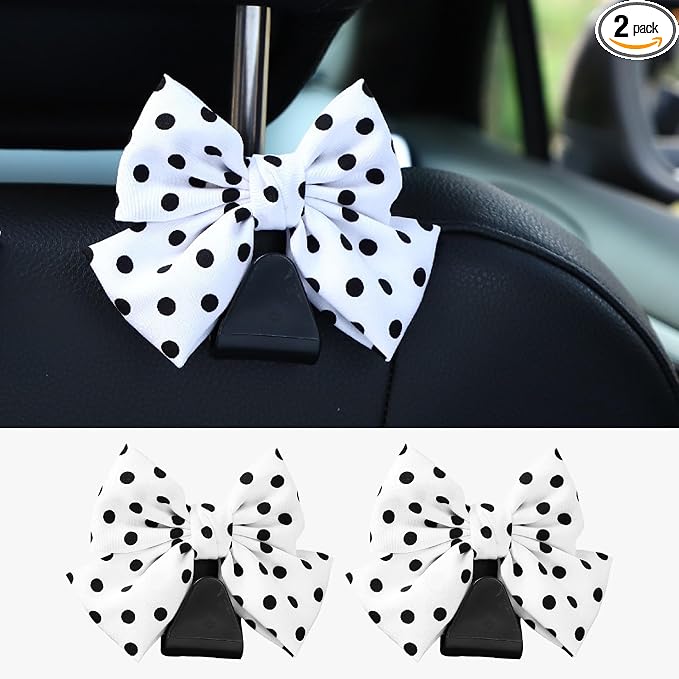 2PCS Car Seat Hooks, Cute Bow Car Seat Headrest Hooks for Purses, Bags, Umbrella, Universal Automotive Interior Decoration Accessoriesl for Vehicle, SUV, Sedan, Truck (White Spot)