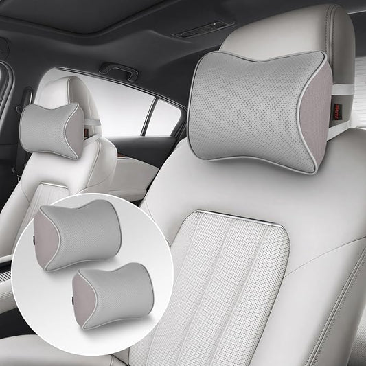 Aukee Memory Foam Car Neck Pillow Soft Leather Car Headrest for Driving Home Office Gray (Pack of 2)