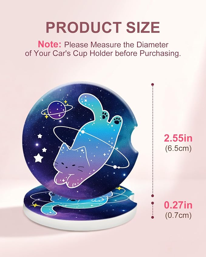 Swooflia 2 Pack Absorbent Ceramic Car Coasters for Women - 2.55 Inch Galaxy Cosmic Cat Car Cup Holder Coasters with Cork Base, Funny Car Accessories, New Driver Gifts