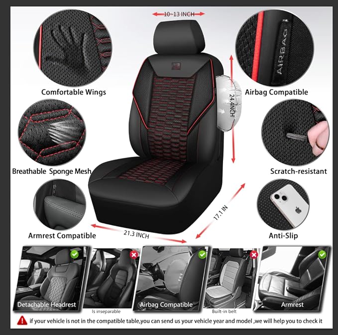 CAR PASS 3D Foam Mesh Leather Car Seat Covers Full Set,Breathable Mesh Faux Leather Seat Covers for Car,Universal Fit for SUV Truck Sedan Automotive, Armrest Airbag Compatible,Black and Red