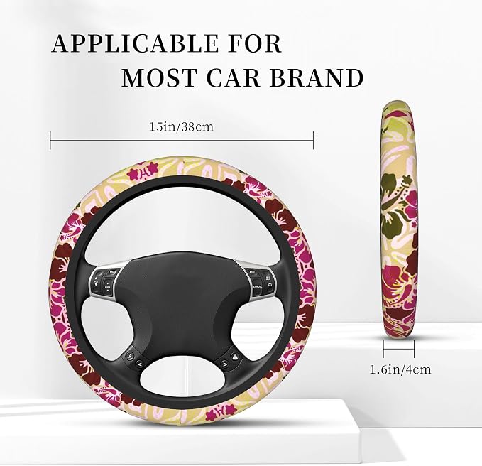 Hawaiian Hibiscus Pattern Car Steering Wheel Cover Anti-Slip Breathable and Sweat Absorption Neoprene Universal 14-15 Inch Inches Car Accessories