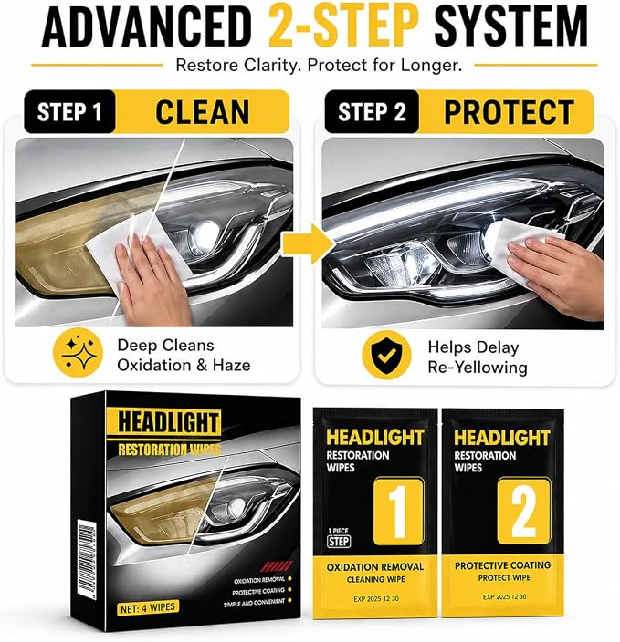 Headlight Restoration Wipes Kit – 2‑Step Headlight Cleaner & Protective Coating – Removes Yellowing & Oxidation, Restores Clarity & Shine – No Tools Needed – Quick DIY Headlight Lens Repair