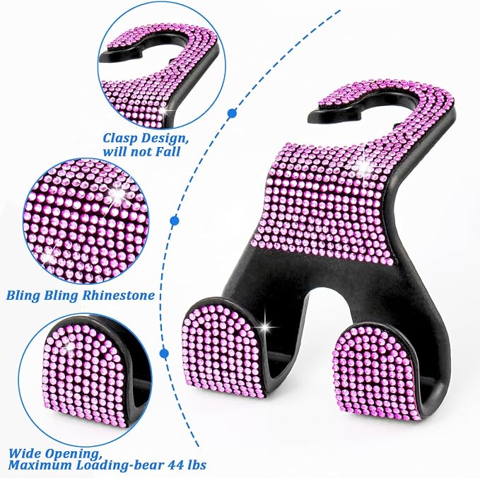 Bling Car Purse Hooks 2Pcs, Rhinestones Car Headrest Hook Backseat | Double-Hooks,Holds 44Lbs,Wide-Opening,Durable Nylon,Car Seat Hook,Purse Holder,Bling Car Accessories for Women-Black