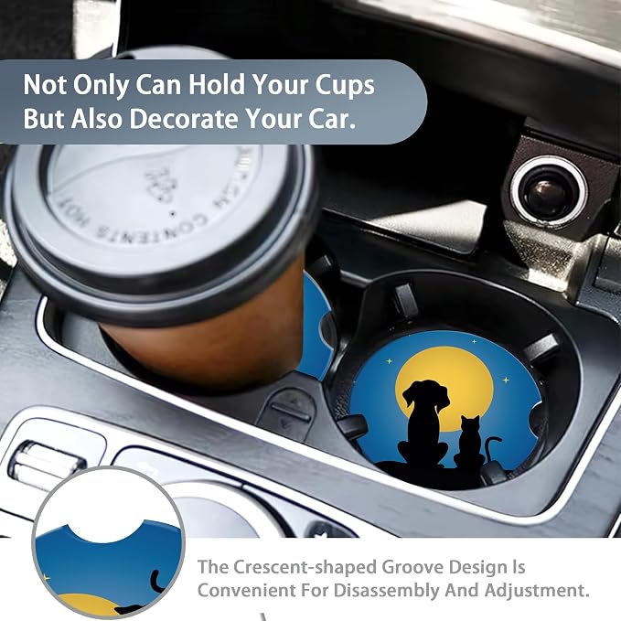 Dog Cat Car Cup Holder Coaster,Moon Night Starry Sky Car Coasters for Cup Holder,2 PCS Absorbent Insert Ceramic Car Assecories with Cork Back & Finger Notch for Women Men