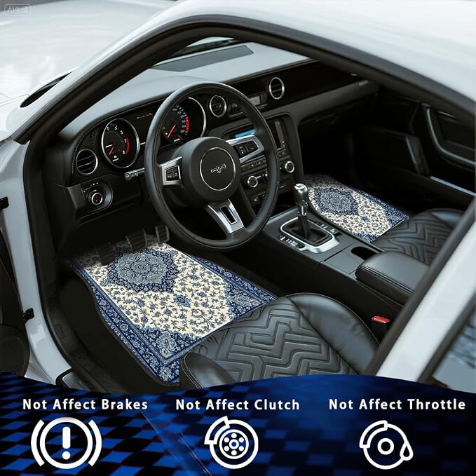 Blue Car Floor Mats Bohemian Floral Carpet Front Rear Carpets Mat Decorative Car Floor Carpets Non-Slip Auto Car Accessories Universal Fit for Car SUV Truck Van