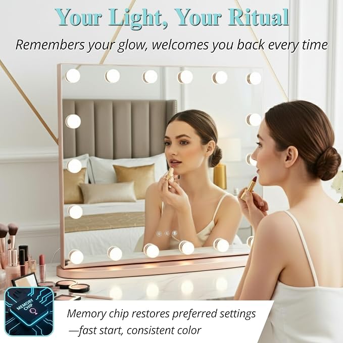 LUXFURNI Vanity Mirror with Lights, 23.6" Hollywood Makeup Mirror Rose Gold | 18 Surround LED Bulbs, 360° Shadow-Free Lighting, 3 Color Modes, USB Charging, Tabletop & Wall Mount for Bedroom Dorm Desk