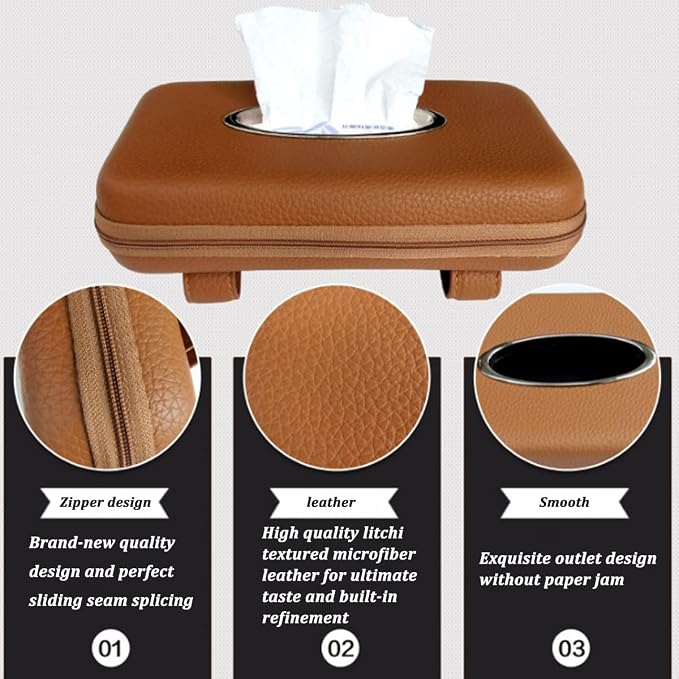 Car Sun Visor Tissue Holder, Leather Stylish Vehicle Visor Backseat Napkin Organizer Box with Zipper, Auto Interior Sunvisor Paper Towel Mask Dispenser Case, Universal for SUV Van RV (Beige)