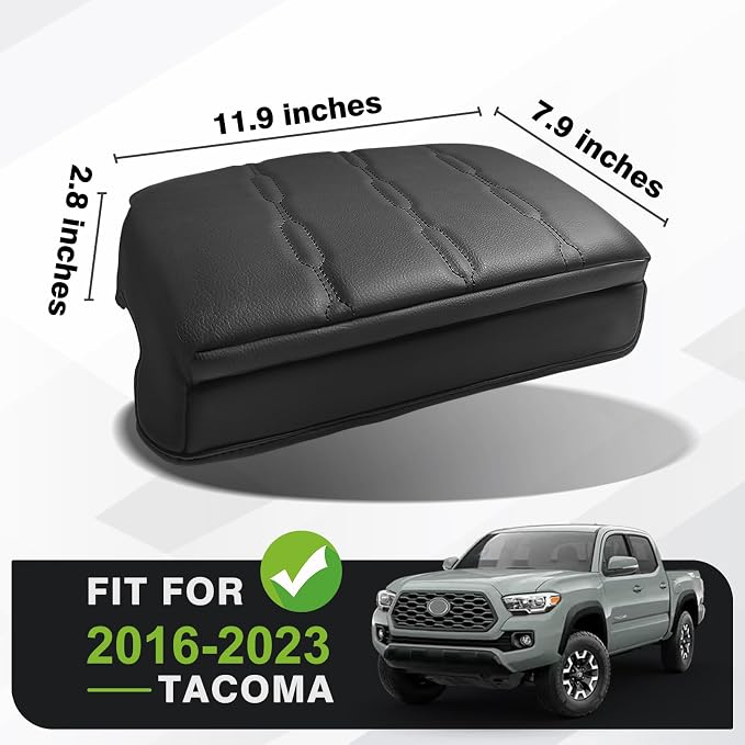 Muslogy Center Console Armrest Cover Fit for Toyota Tacoma 2016-2023 Accessories, Comfort Armrest Pad Console Lid Cushion Vegan Leather 1-Inch Extra Thick