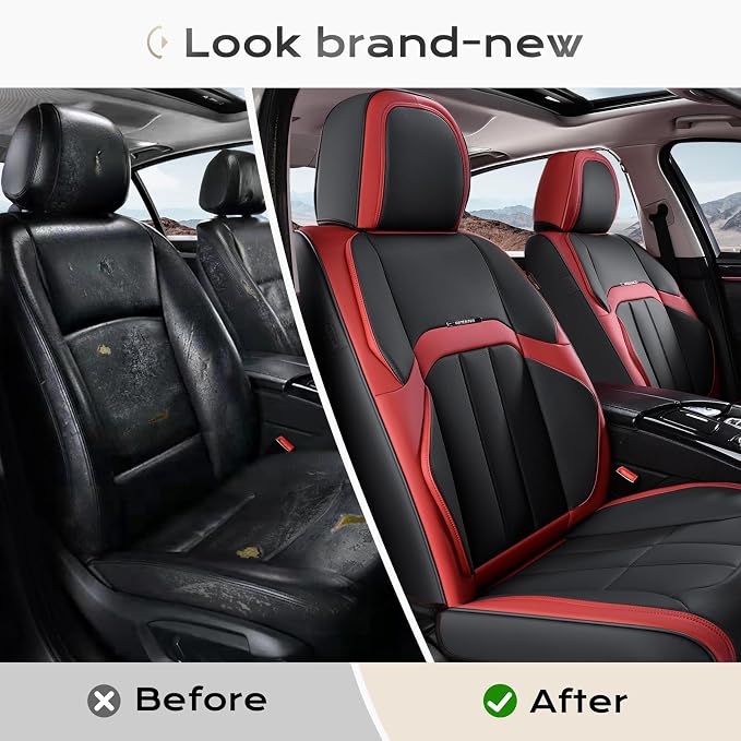 Coverado Car Seat Cover, Cover for Cars Full Seat, Premium Leather, Universal Fit Waterproof Seat Protectors, Car Seat Cushion Non-Slip for Most Cars-Black Red
