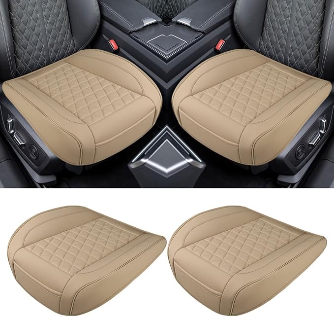 2PCS Luxury Faux Leather Car Seat Cover, Car Seat Cushion, Beige | Anti-Slip Waterproof Universal Front Bottom Seat Protector with Storage Pocket for Sedans, SUVs, Trucks, Triangular Pattern