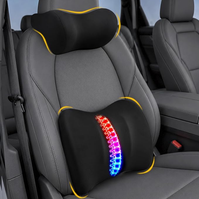 Allaboutsla Lumbar Back Support Pillow for Car, Neck Headrest Pillow Set | Memory Foam Car Neck Support for Driving with Car Back Support, Adjustable Straps, Head Rest Pillow for Cars, Trucks, Black