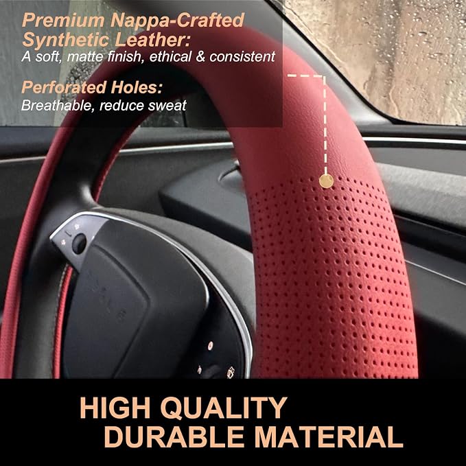 PINCTROT Nappa Leather Steering Wheel Cover for Tesla Model Y/3 Highland/Juniper, D Shaped 14 Inch Small Sized with Breathable Perforation, Fit Like Gloves, Flat Bottom 14 Inch(Nappa Rust Red)