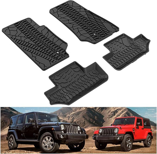 Kiwi Master Floor Mats for 2007-2013 Jeep Wrangler JK 2-Door | Custom Fit All Weather Car Mats, Heavy Duty TPE Floor Liners, Front & Rear 2 Row Set, Black
