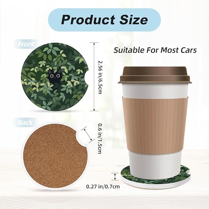 Cat in The Meadow Car Coasters for Cup Holders,2 Pack Car Cup Holder Coasters for Car,Ceramic Absorbent Car Coaster with A Finger Notch and Cork Base,Car Interior Accessories for Women Men