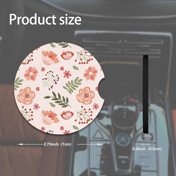 2pcs Cute Pink Flowers Car Coasters,Absorbent Universal neoprener Cup Holder Coasters with a Finger Notch,Car Accessories for Women&Man Interior，2.75" 4