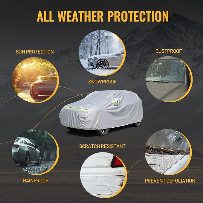 Favoto Car Cover Waterproof All Weather Windproof for SUV 188-198 Inches | UV Protection, Soft Cotton Lining, Driver Door Zipper, Reflective Strips and Storage Bag Included with Vehicle Fitment Silver