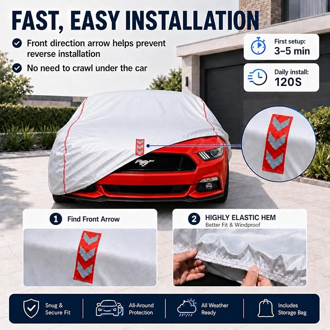 Car Cover Waterproof All Weather for Ford Mustang 1994-2025,All-Around Fastening and 4 Upgrades, 30s Quick-Install for Car Cover