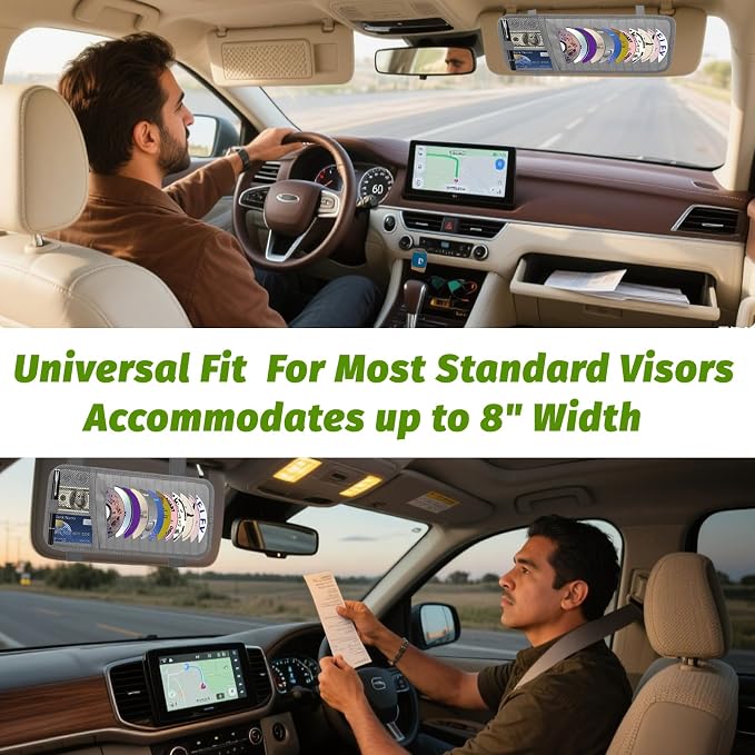 Car CD & DVD Holder - Large Capacity CD Visor Case, Vehicle Visor Storage Organizer with 12 Disc Sleeves, 1 Mesh Pocket 1 Pen Holder and & Elastic Band (Grey)