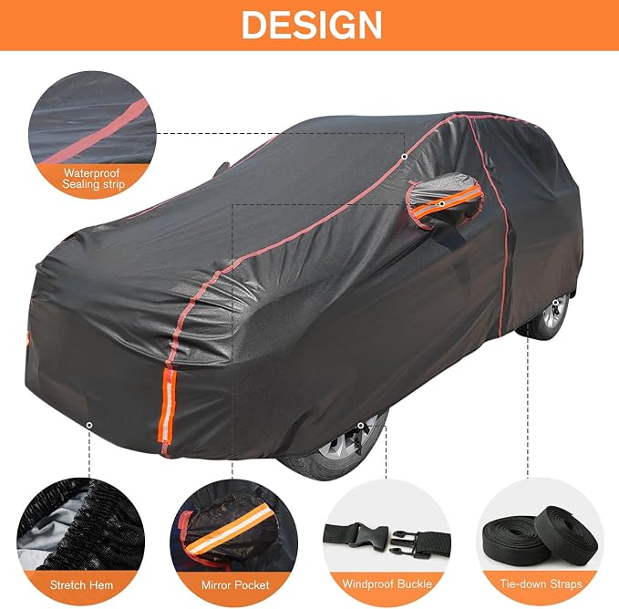 Car Cover Waterproof All Weather, 6 Layers Full Exterior Covers with Zipper Cotton, Mirror Pocket. Outdoor Car Cover UV Snow Rain Wind Dust All Weather Outdoor Protection for SUV (185-190 inch)