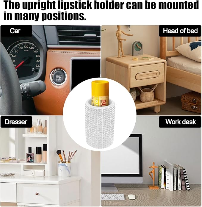 Upright Car Chapstick Holder, Bling Insulating Lip Balm Holder,Rhinestone Car Accessories for Women Interior ,Suitable for Most Vehicles. (White)