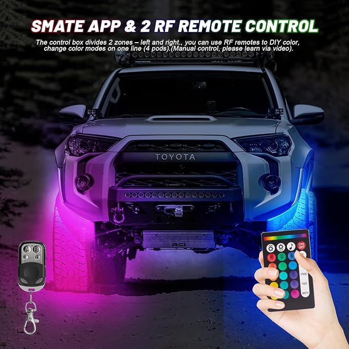 24 Pods RGB LED Rock Lights for Semi Trucks Offroad Pickup Trailer Sedan Boat, 12V Waterproof Dual Zone APP/RF Control Music Mode Brake Light Red Green Blue Underglow Neon Kit with Extension Wires