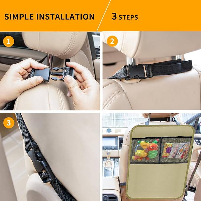 2 Pack Kick Mat Backseat Protector,Back Seat Cover for Kids,Car Seat Back Protectors with 2 Pocket Storage Organizer for Car, SUV, Minivan or Truck Seats (Beige)