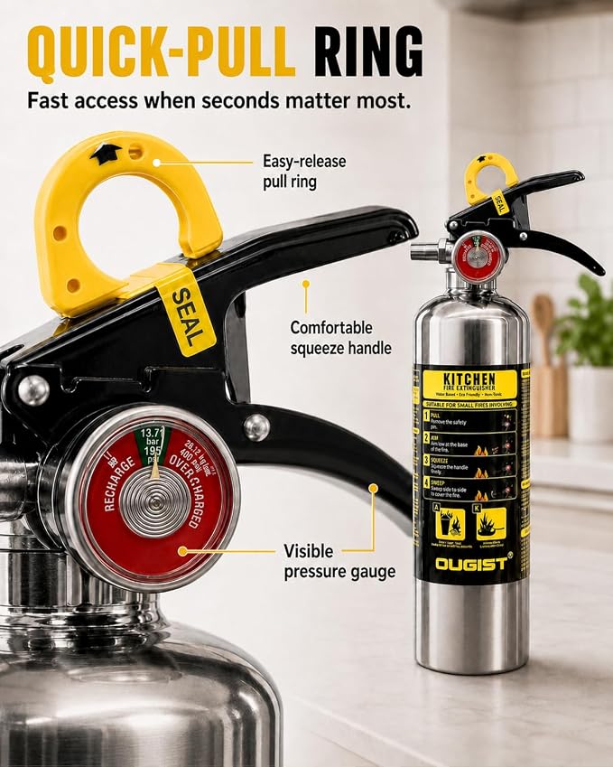 Ougist Class K Fire Extinguisher for Kitchen, 1-A:K, 40 Fl Oz Wet Chemical | For Small Cooking Oil and Grease Fires with Quick-Pull Access and Easier Cleanup for Kitchen and Food Truck Use