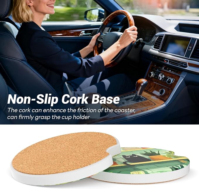 2 Pack Ceramic Car Coasters for Cup Holder, 2.56 in Anti Slip Absorbent Coaster with Cork Base and Finger Notch, Funny Cute Car Accessories for Women, Poke Face Cat