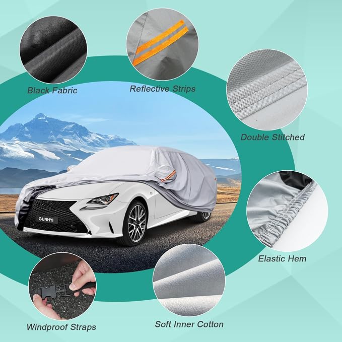 GUNHYI 6 Layer Car Cover Waterproof All Weather for Automobiles, Heavy Duty Full Exterior Cover Universal fit Toyota Corolla, Honda Civic, Hyundai Elantra, Nissan Sentra etc. Size A3 (See Size Chart)