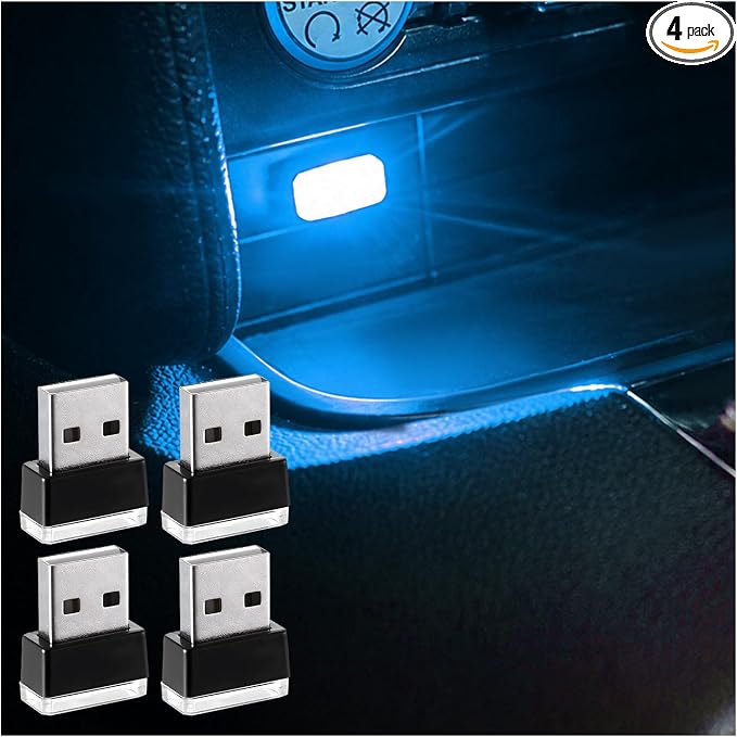 Augeny 4 PCS USB LED Car Interior Atmosphere Lamp, Plug-in USB Decor Night Light, Portable Auto Ambient Lighting Kit, Universal Vehicle Interior Accessories for Most Cars (Ice Blue)