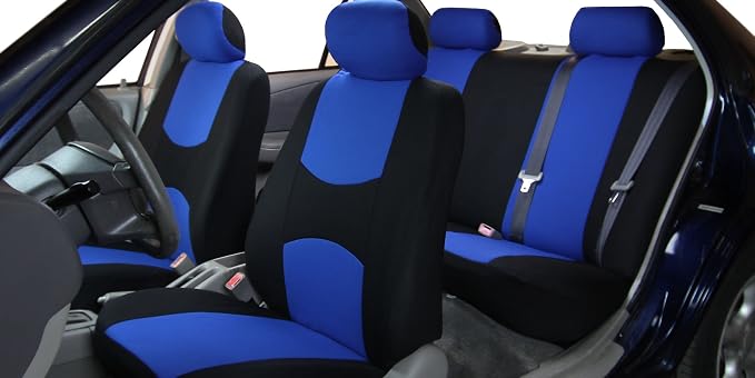 FH Group Car Seat Covers Full Set Cloth - Universal Fit Automotive Seat Covers, Low Back Front Seat Covers, Solid Back Seat Cover, Washable Car Seat Cover for SUV, Sedan and Van Blue