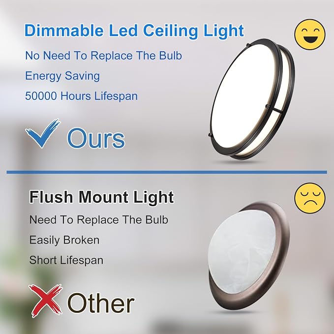 DLLT 2Pack Flush Mount LED Ceiling Light: 13 Inch 5CCT (3000K-6000K) & Dimmable Ceiling Light Fixtures for Bedroom Hallway - 24W Modern Black Super Bright Kitchen Lighting Fixtures Ceiling