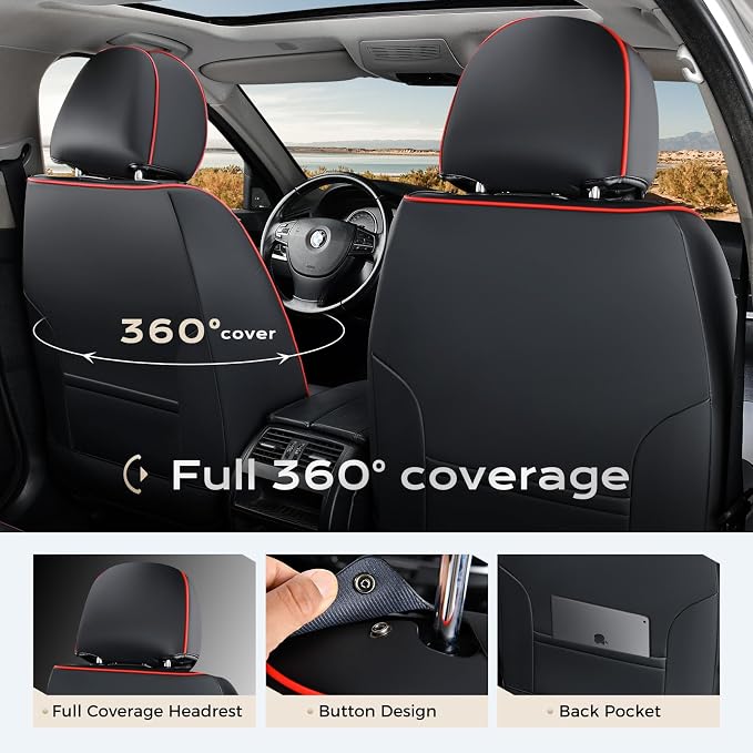 Coverado Car Seat Covers Full Sets, 5 Piece Car Seat Protector Waterproof Leather Seat Cushion Universal Fit for Truck Automotive Vehicles Black&Red
